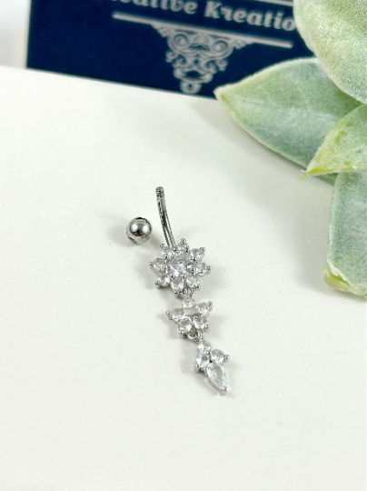 Dangle Belly Button Ring with stunning Clear CZ crystals