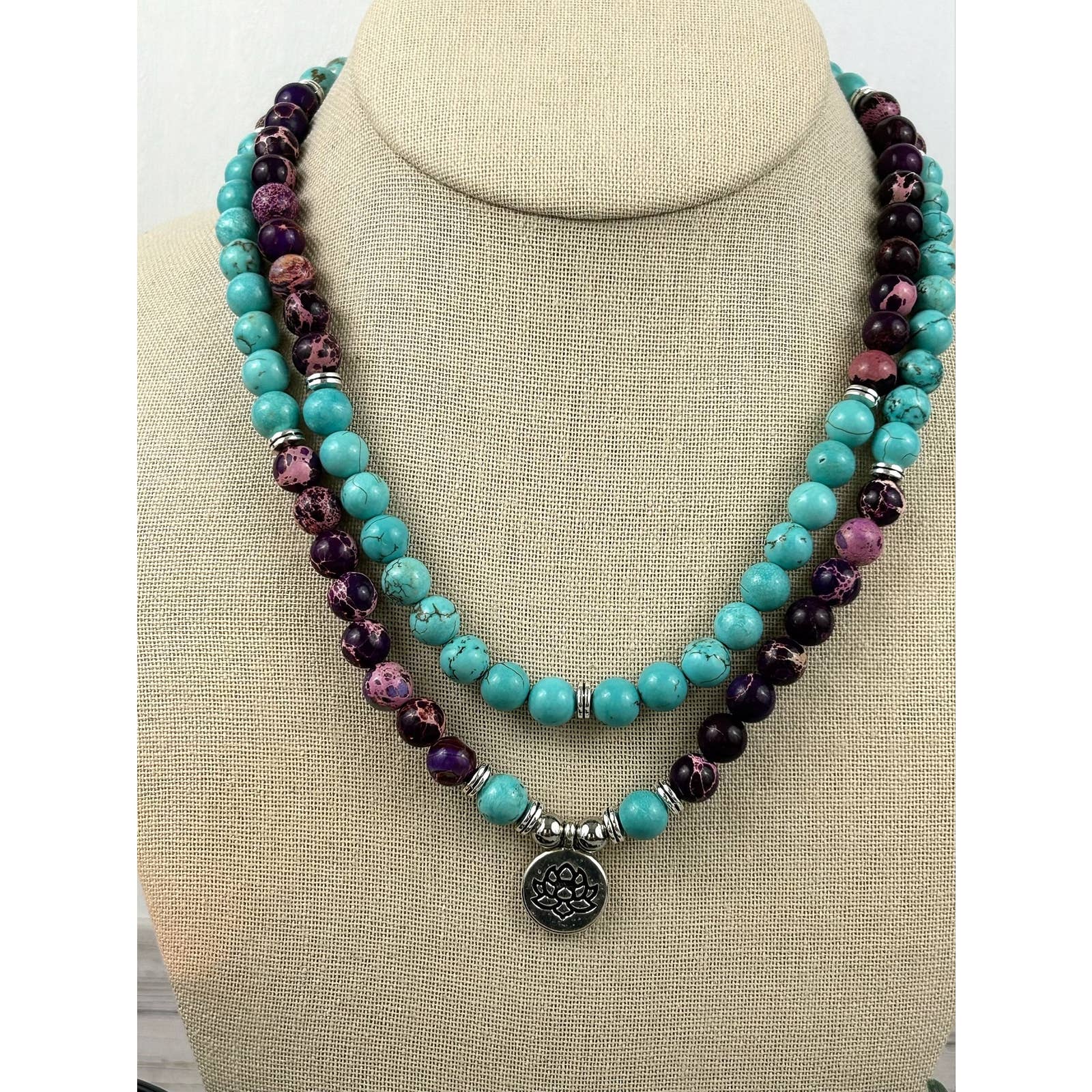 108 Mala Beads Necklace - Japa Mala with Turquoise and Purple Jasper Beads