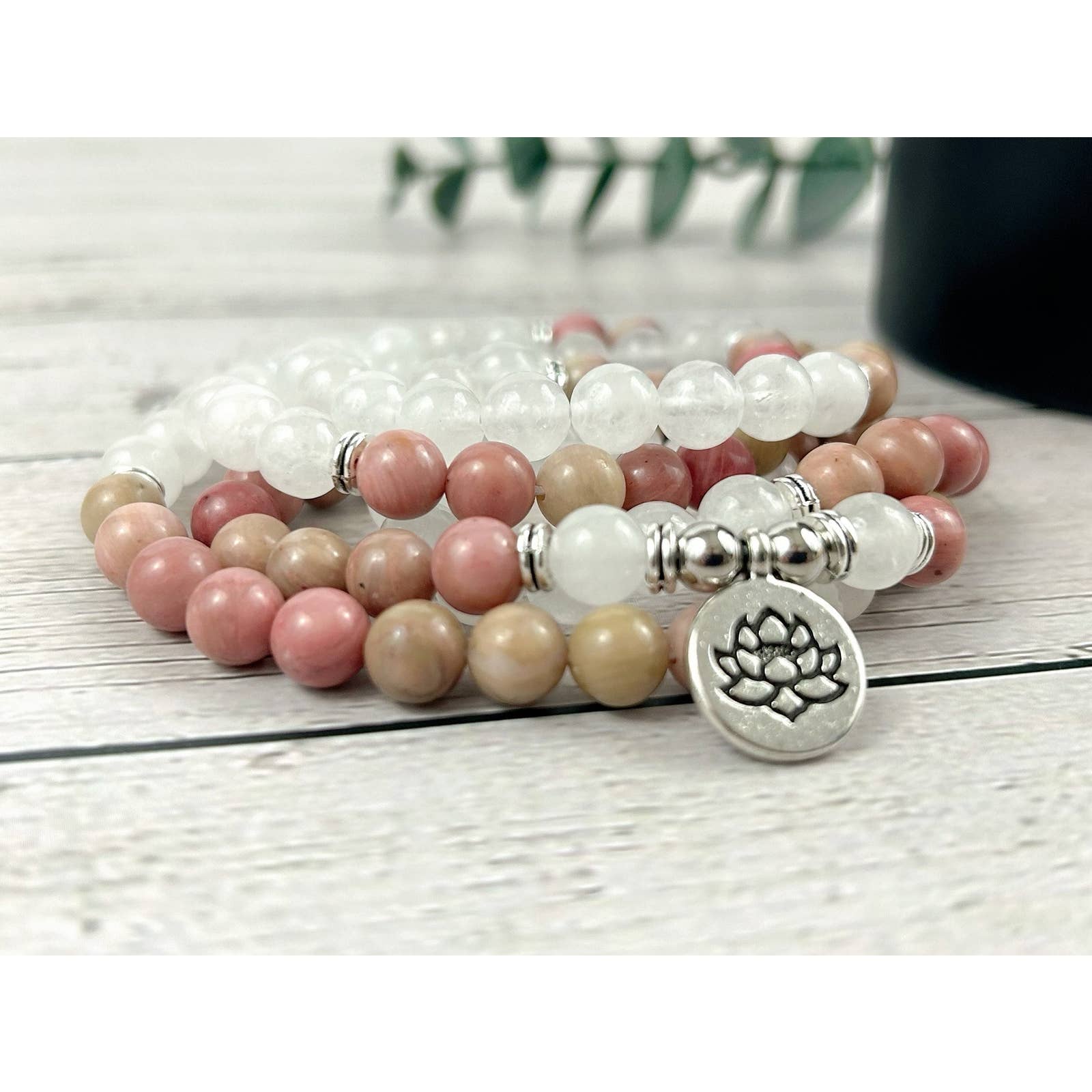 108 Mala Necklace with Moonstone and Rhodochrosite Gemstone Beads