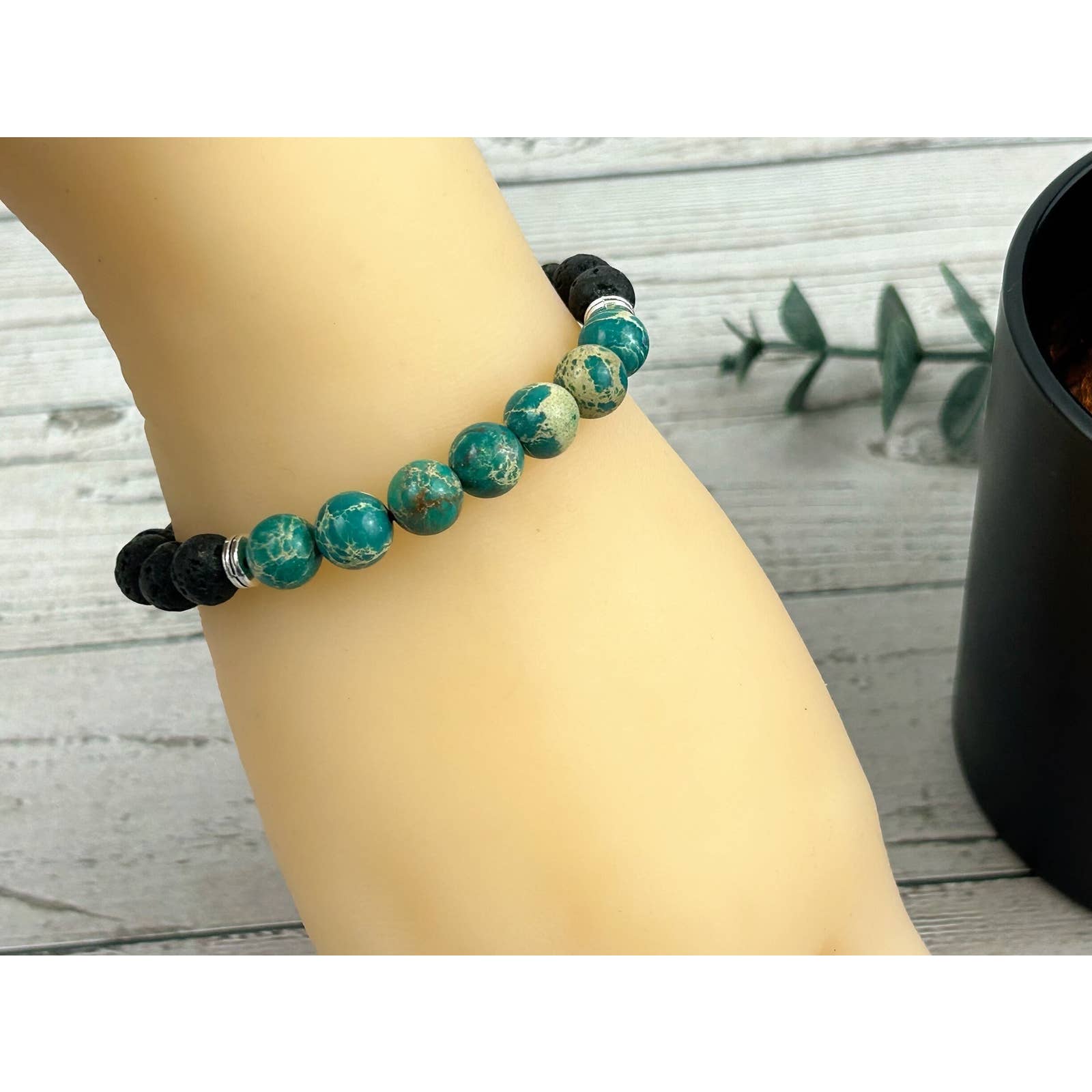 Essential Oil Bracelet - Teal Green Imperial Jasper Bracelet with Lava Beads