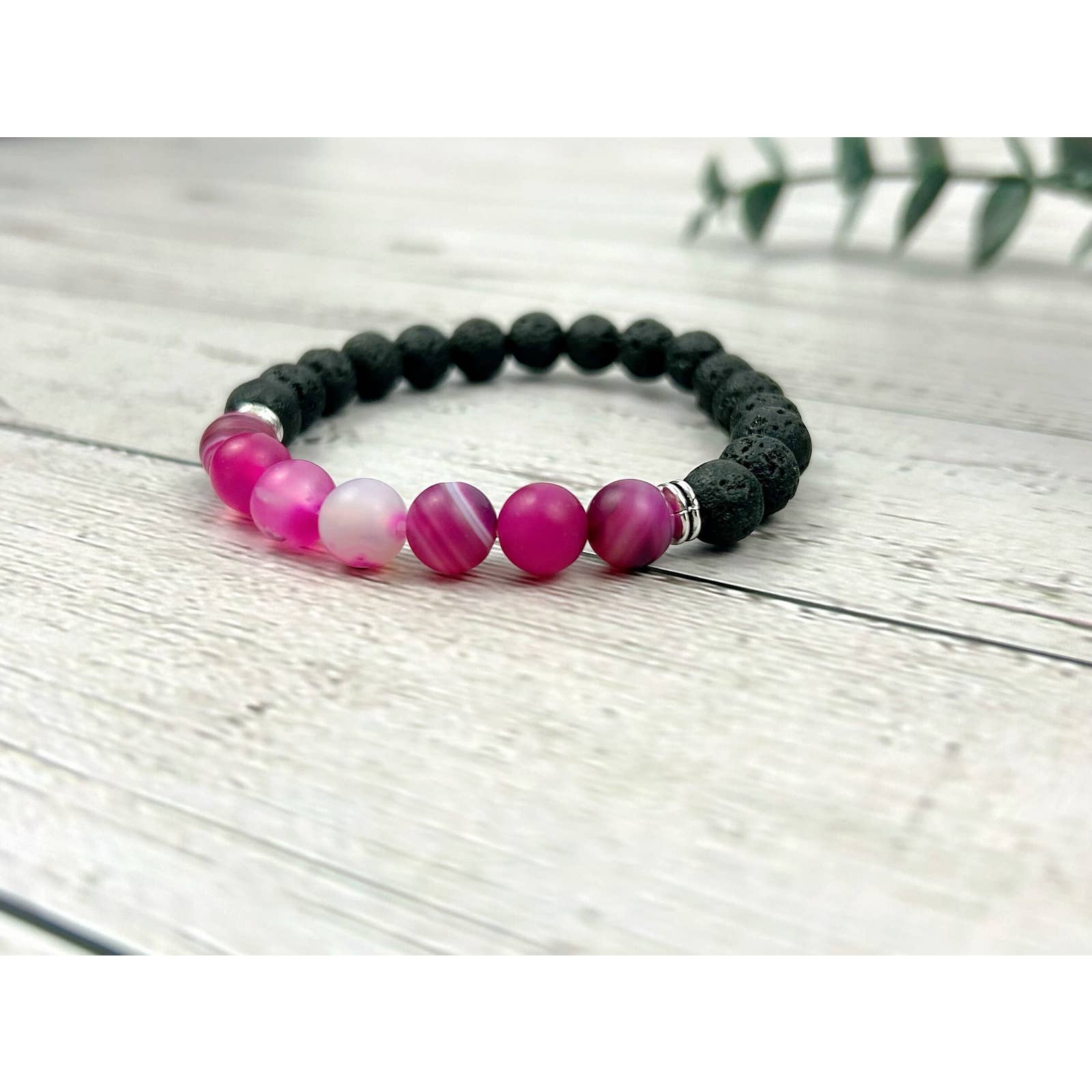 Essential Oil Diffuser Bracelet - Pink Agate Bracelet with Black Lava Beads