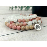 108 Mala Necklace with Moonstone and Rhodochrosite Gemstone Beads