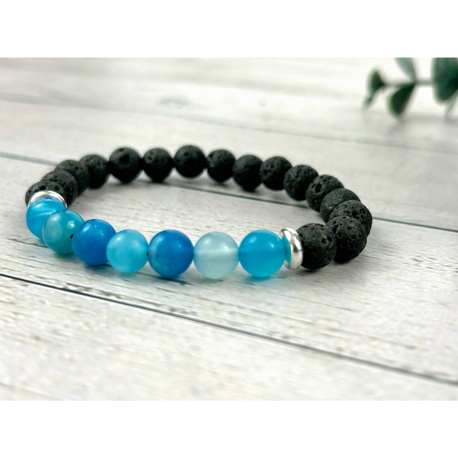 Essential Oil Bracelet - Aromatherapy Bracelet with Blue Striped Agate and Black Lava Beads