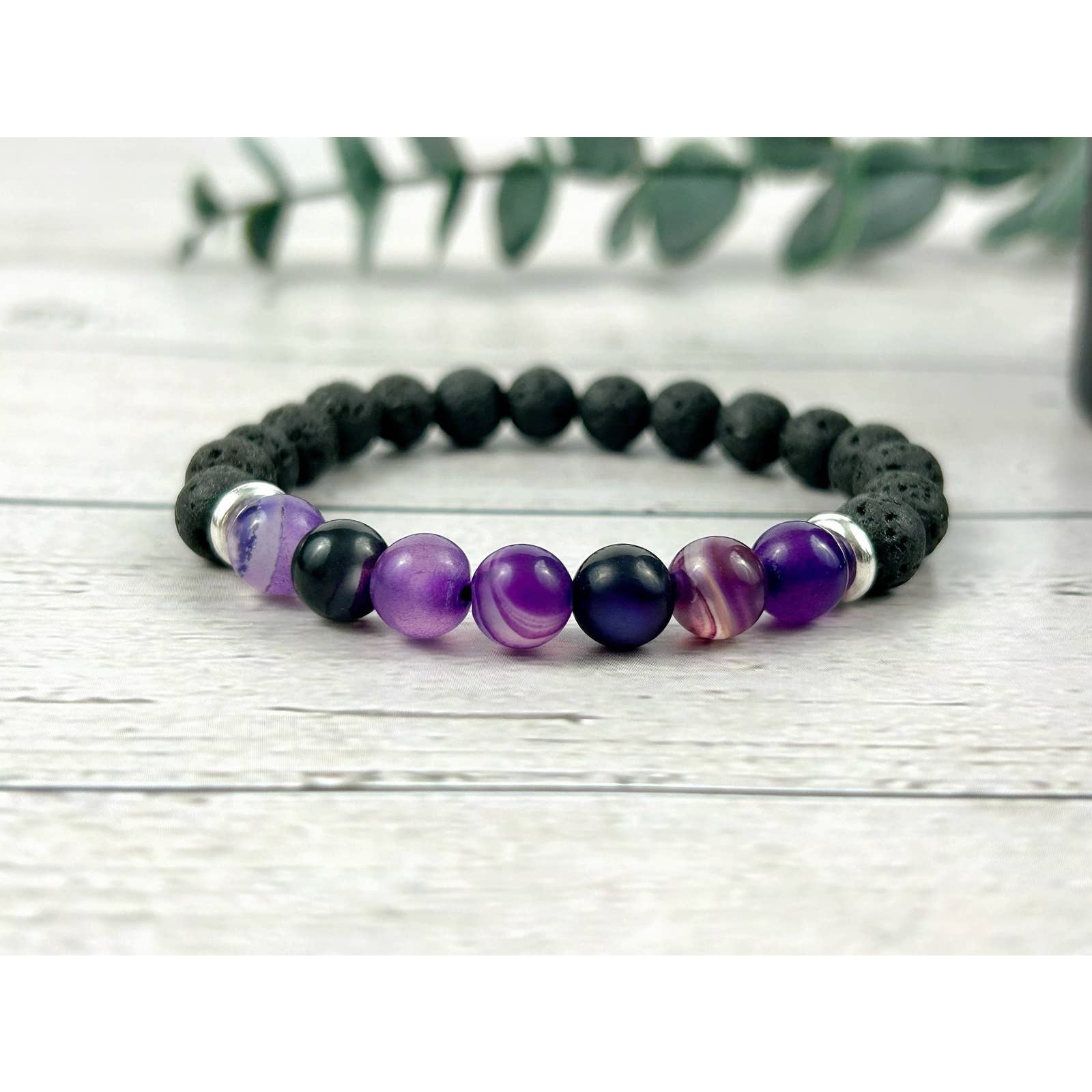 Oil Bracelet - Aromatherapy Bracelet with Purple Agate and Black Lava Rock Beads