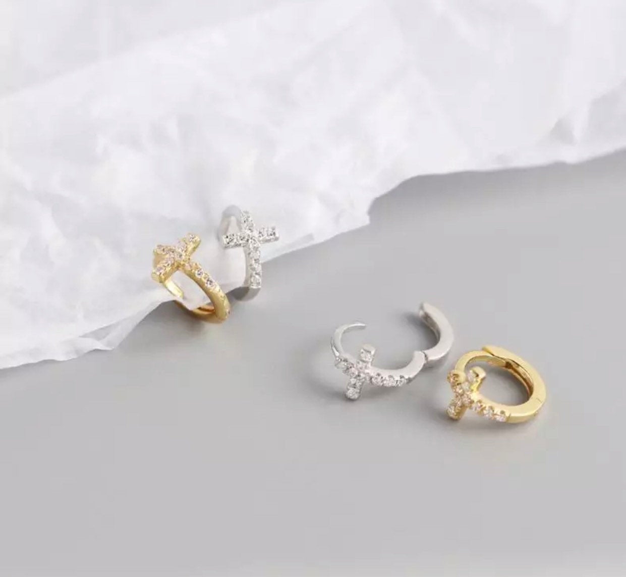 Cross Hoop Earrings with Cubic Zirconia Crystals