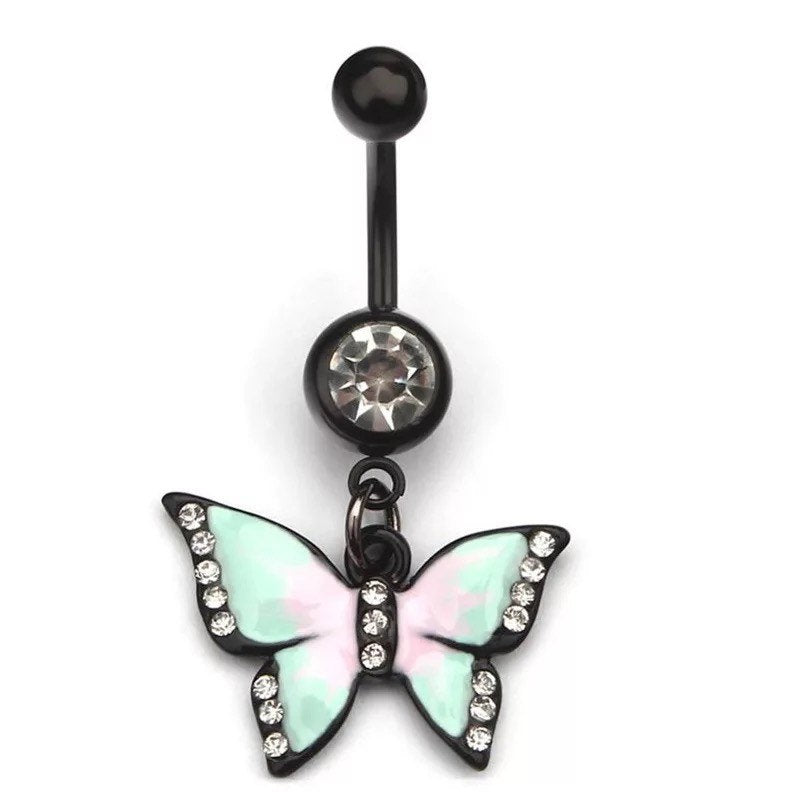 Black Butterfly Belly Button Ring with Dangle