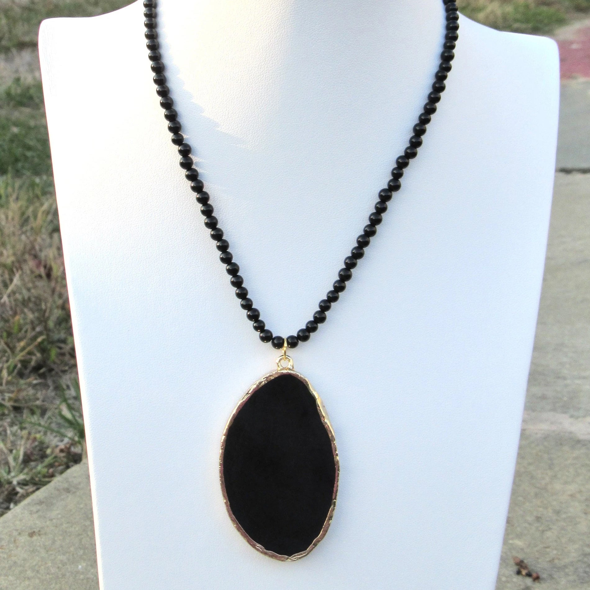 Black Onyx Necklace with Agate Stone Slice Pendant