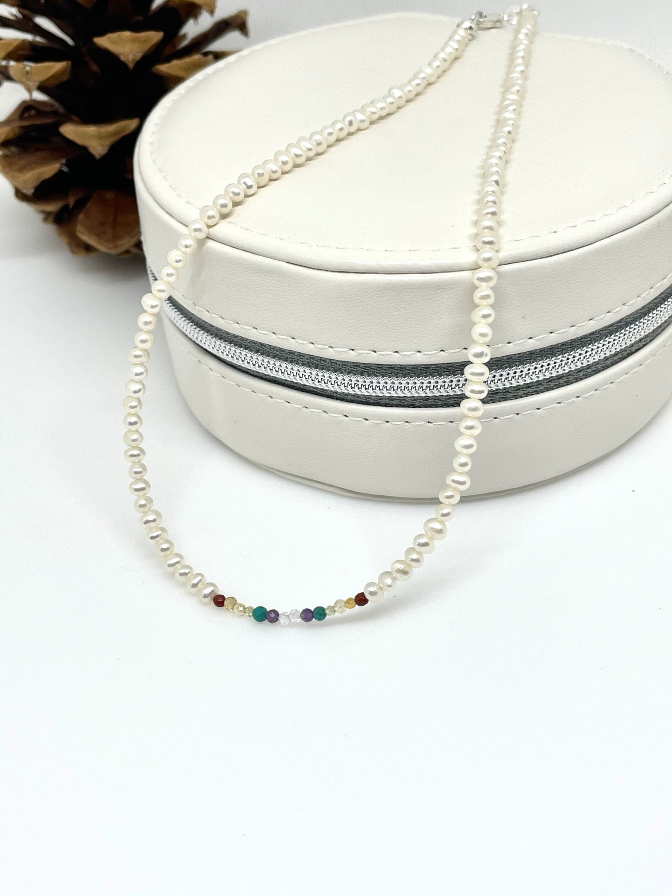 Pearl Choker Necklace with 7 Chakra Beads