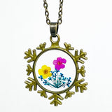 Pressed Flower in Snowflake Pendant Necklace