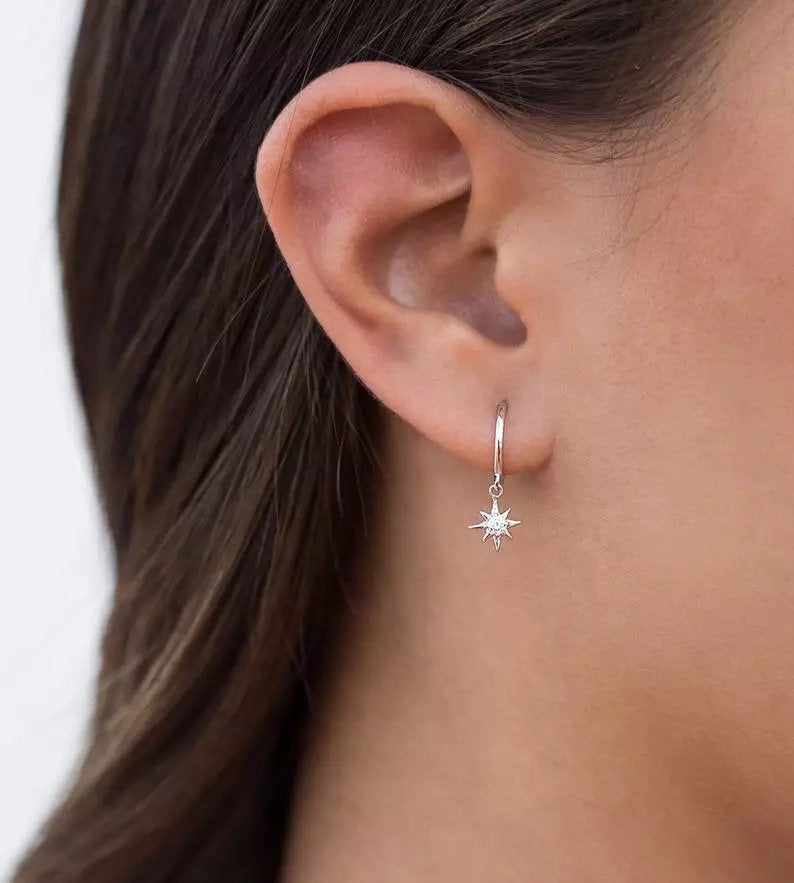 Sterling Silver North Star Hoop Earrings