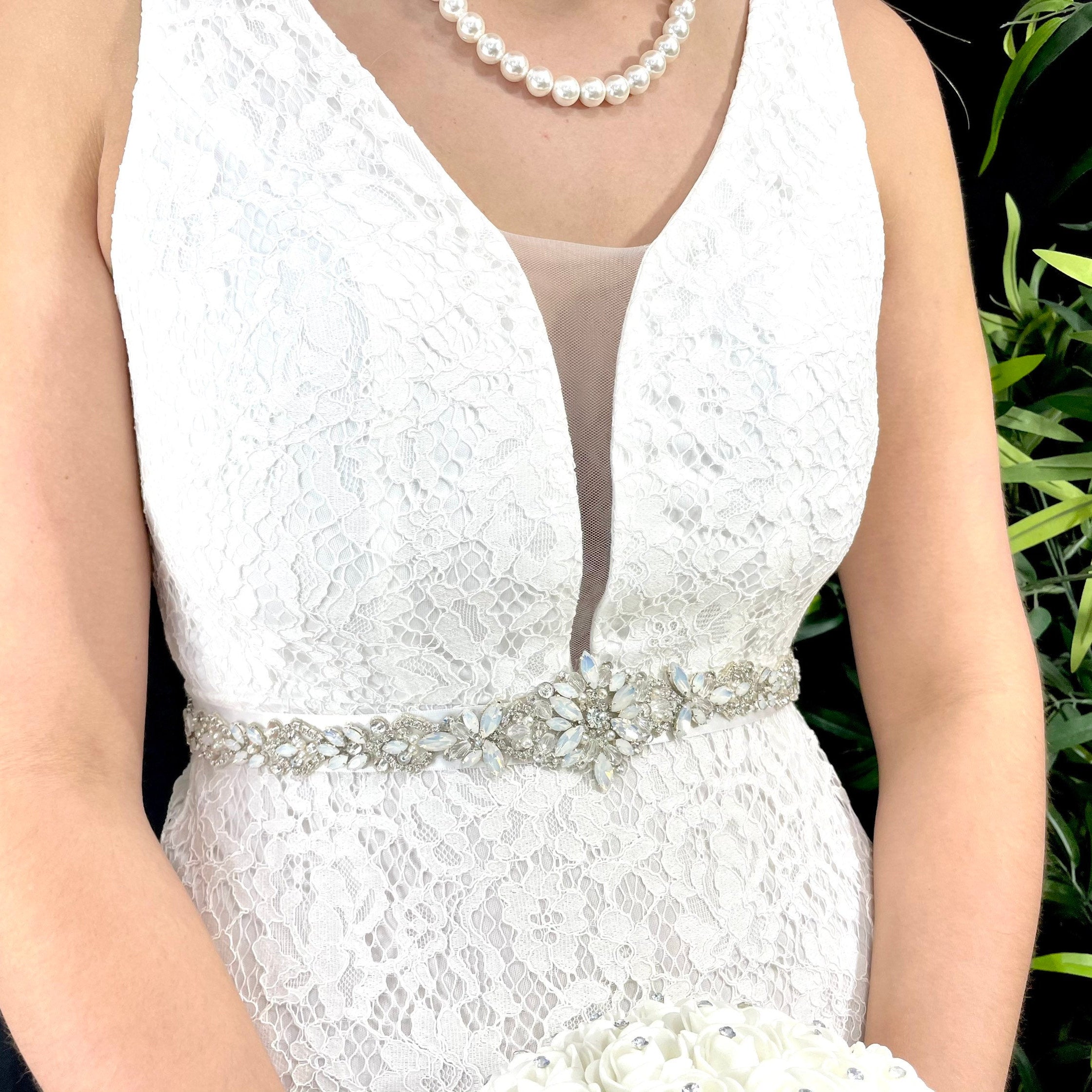Wedding Dress Belt Rhinestone Banding with Opal Stones