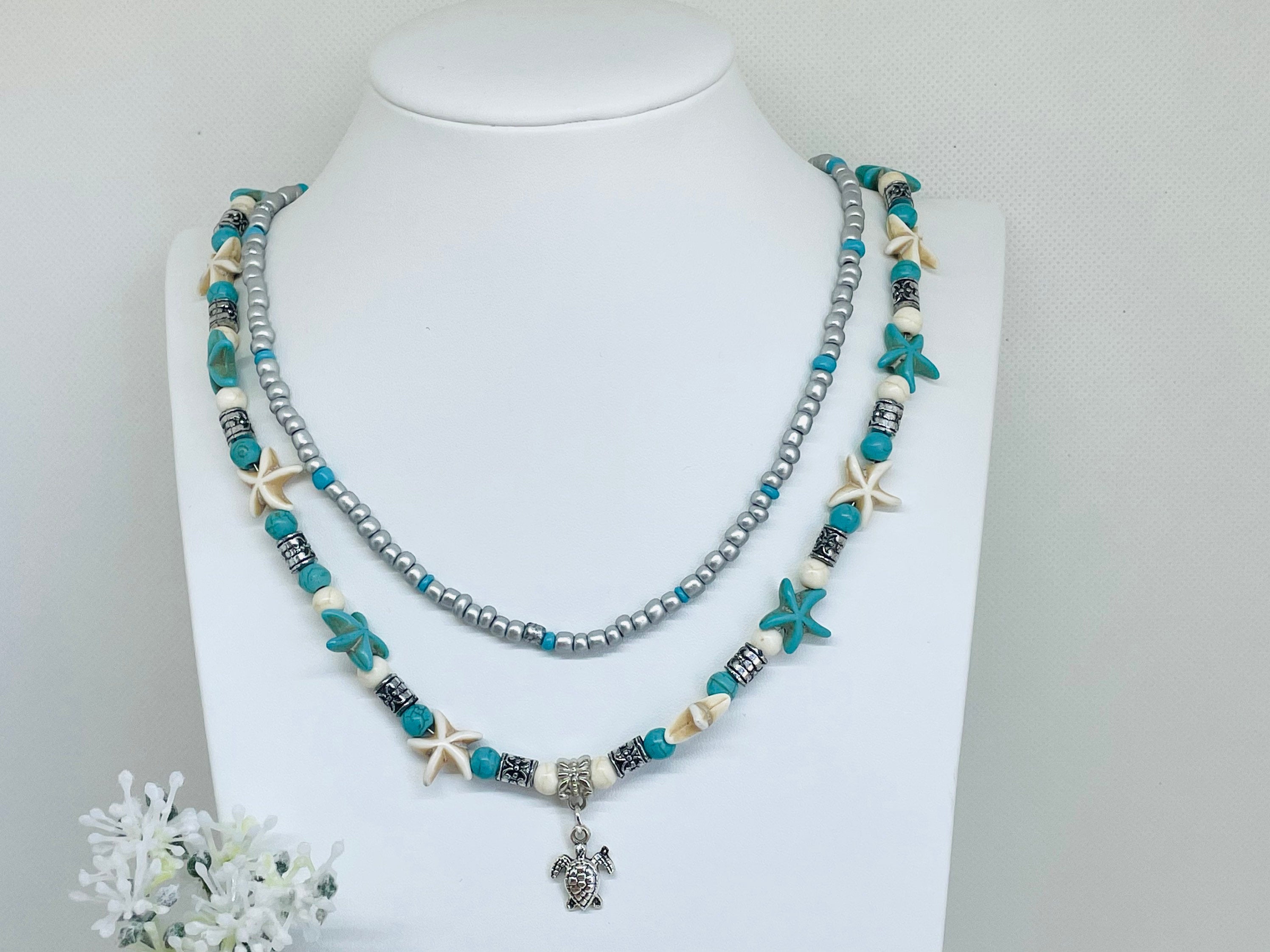 Beaded Necklace with Sea Turtle Charm Ocean Lovers Jewelry