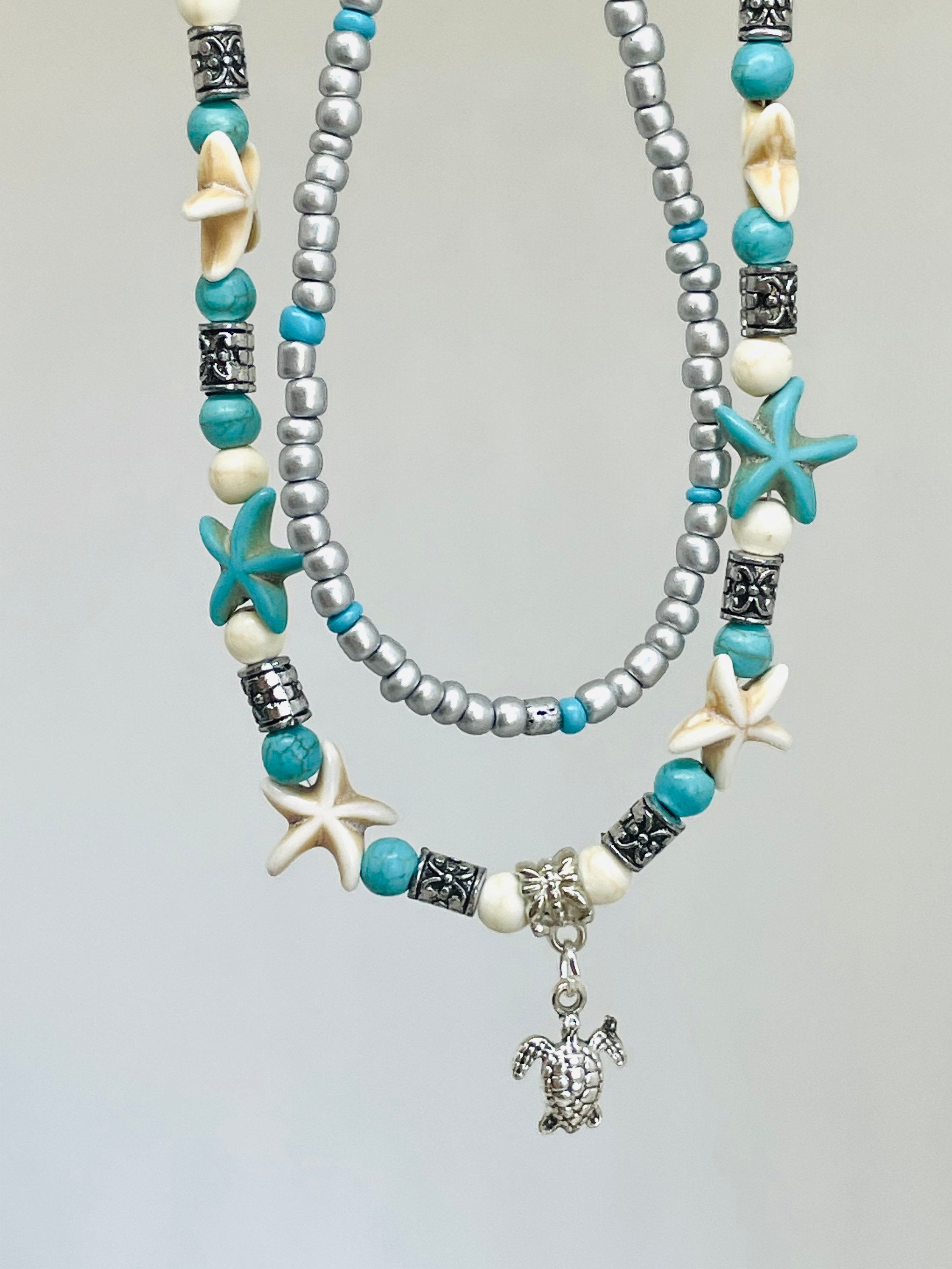 Beaded Necklace with Sea Turtle Charm Ocean Lovers Jewelry