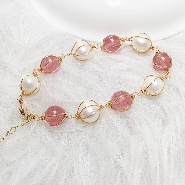 Freshwater Pearl Bracelet With Strawberry Quartz Gemstones
