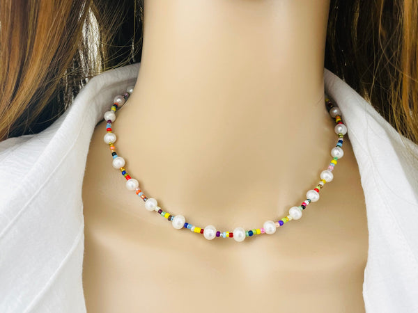 Pearl Choker Necklace with Rainbow or Black Seed Beads – Classic Style Spin  On Trend Jewelry- Made in USA – Just Bead It