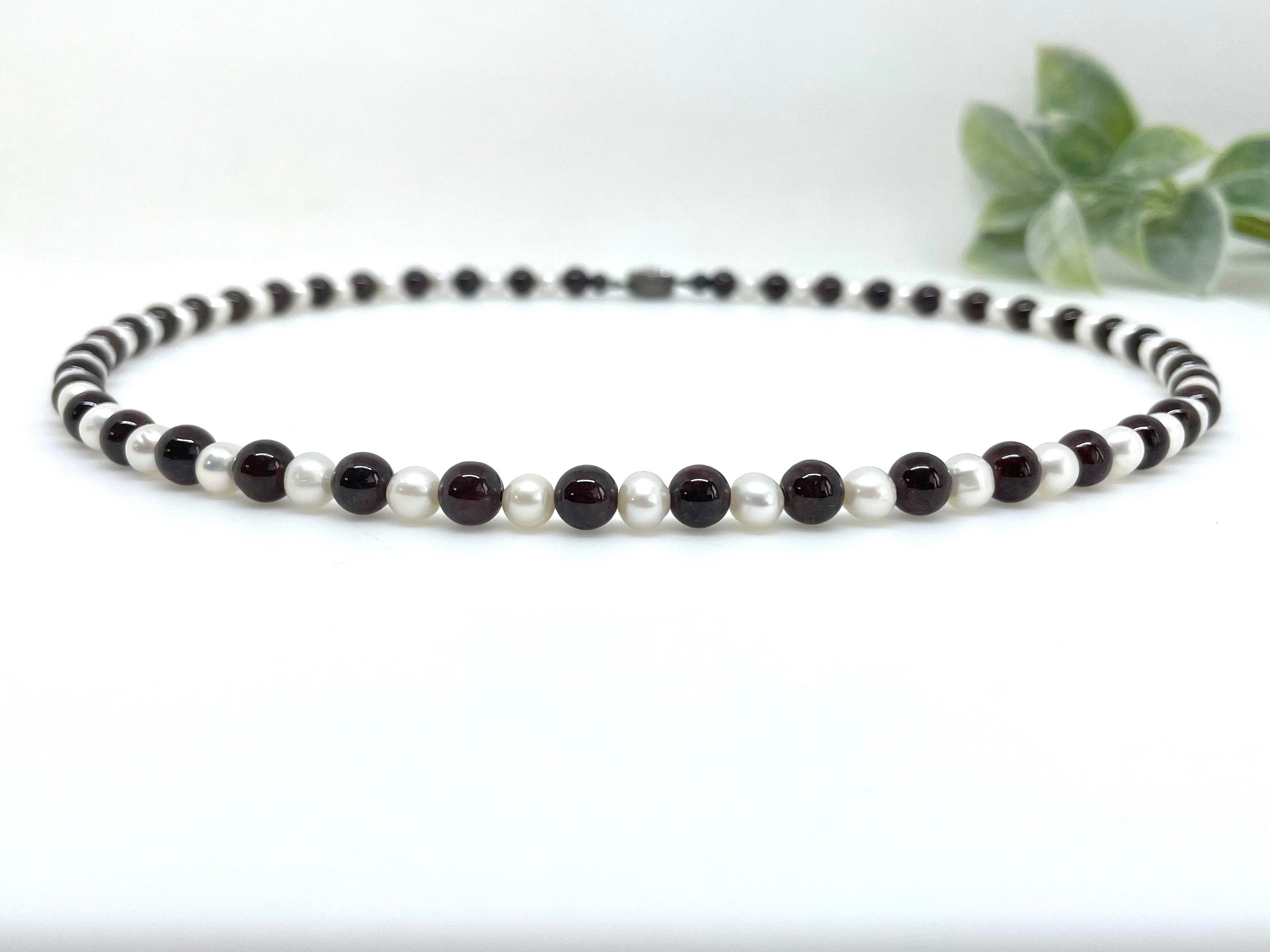 Freshwater Pearl Necklace with Garnet Stone Beads