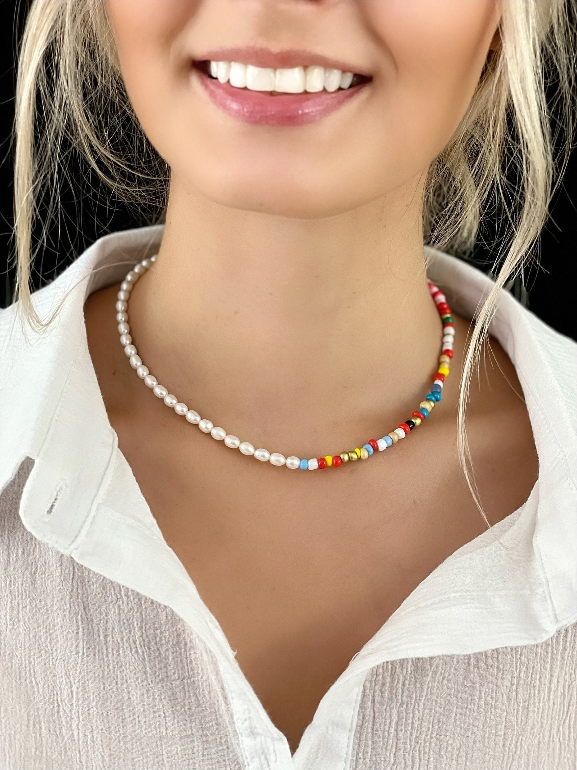 Rainbow Necklace with Tiny Rice Pearls and Miyuki beads