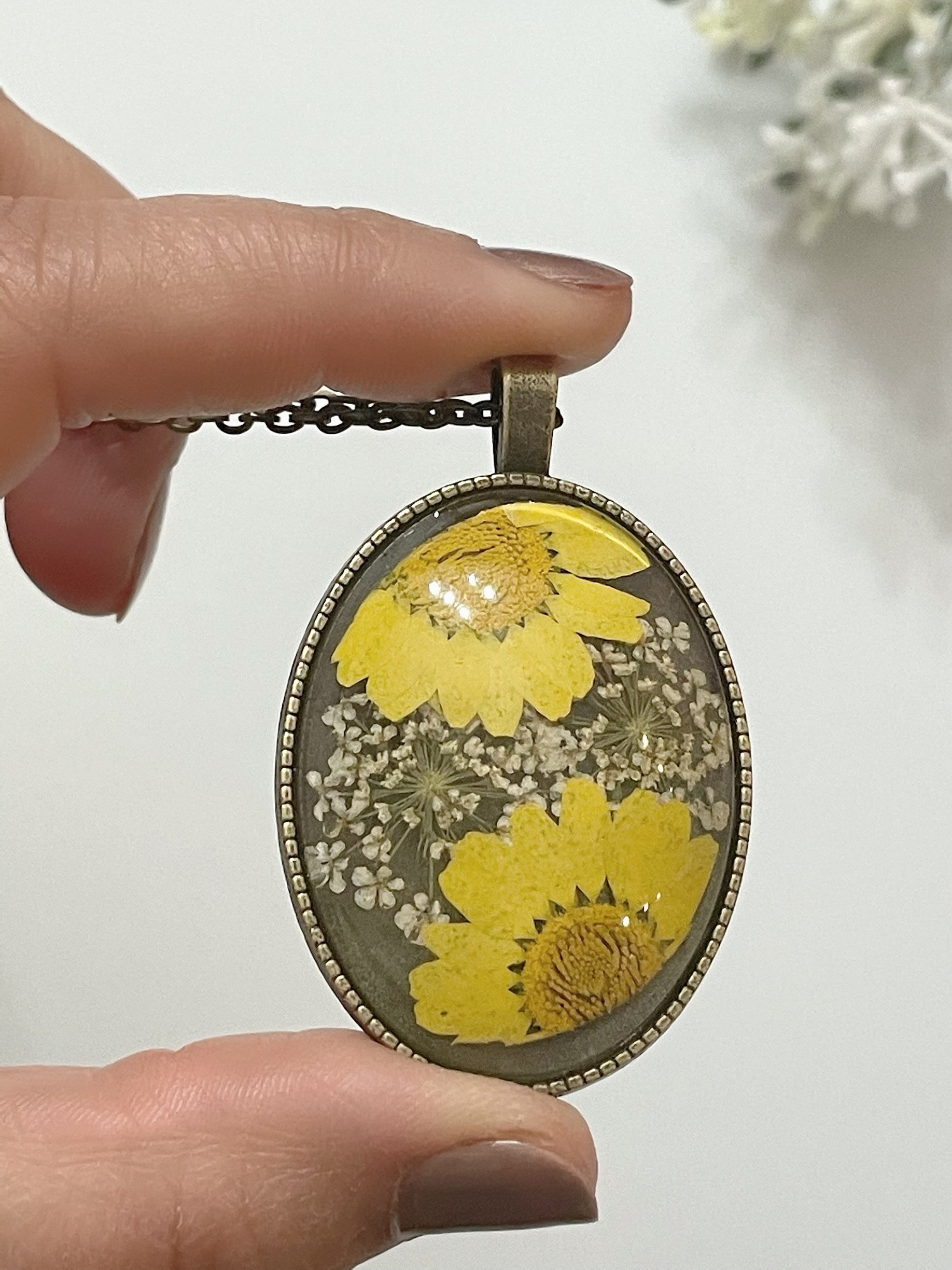 Natural Pressed and Dried Flowers Necklace Encased in Resin