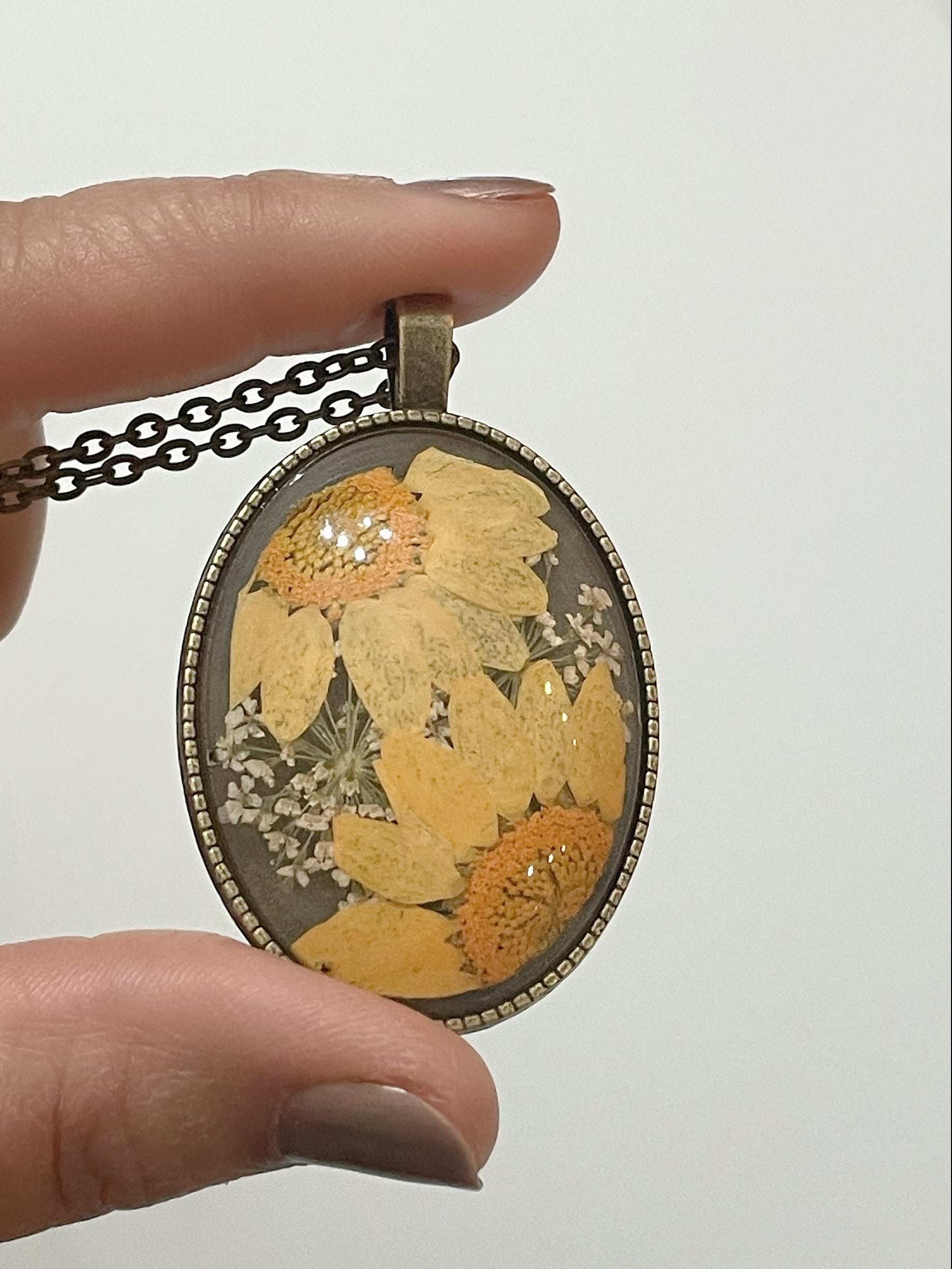 Natural Pressed and Dried Flowers Necklace Encased in Resin
