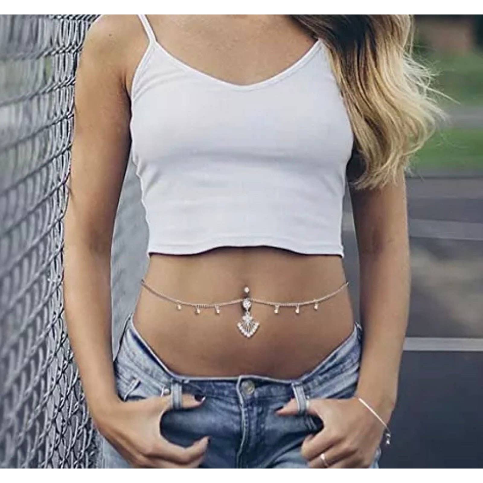 Waist Chain with Belly Ring - Dangle Belly Button Ring - Crystal Belly Chain